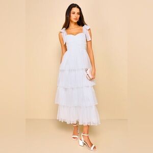 NWOT Lulus Radiant Arrival Shiny White Organza Tiered Tie-Strap Maxi Dress